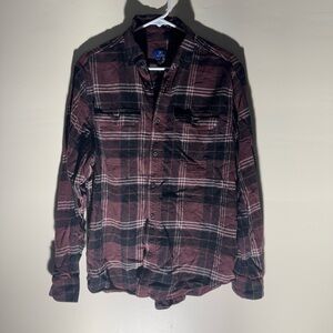 George Plaid Button Down Flannel Shirt Size Large Burgundy & Black